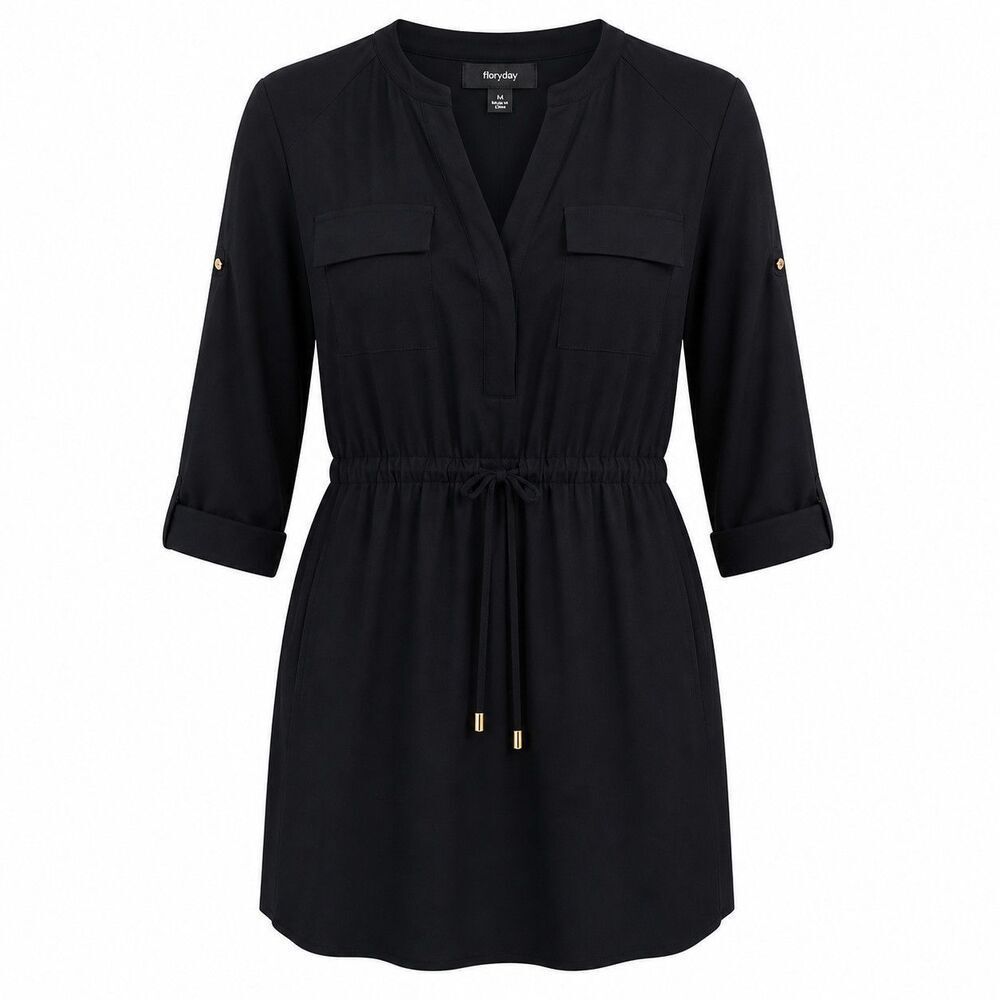 Mossimo Womens XS Black Shirt Dress Drawstring Waist Roll Tab Sleeve Utility